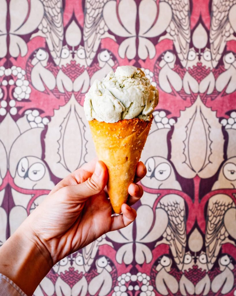 Pistachio ice cream with pretzel cone at Sherry's Soda Shoppe