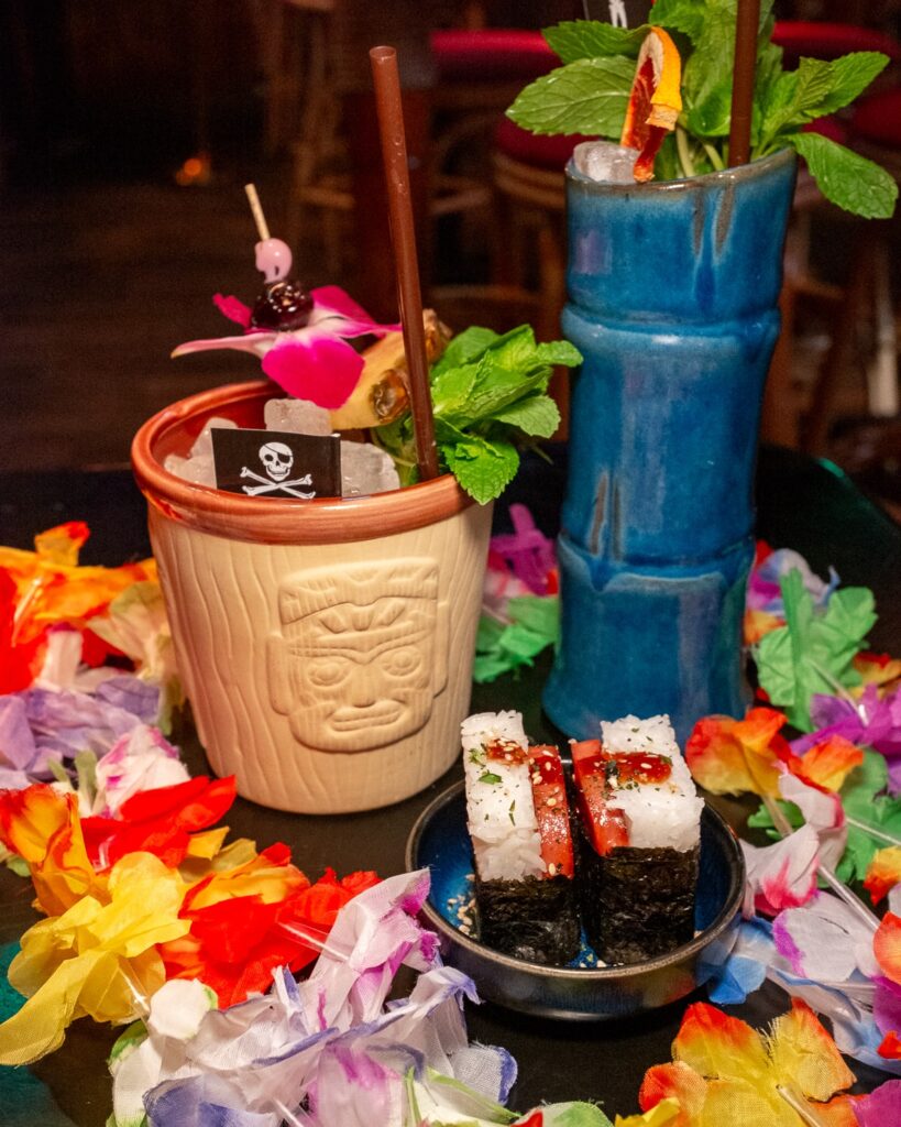 Spam musubi with zero proof cocktails