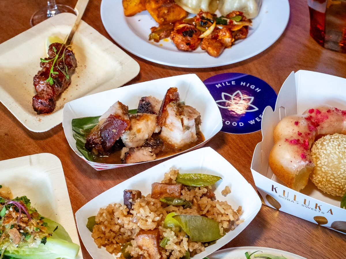 Mile High Asian Food week stickers and a selection of food items