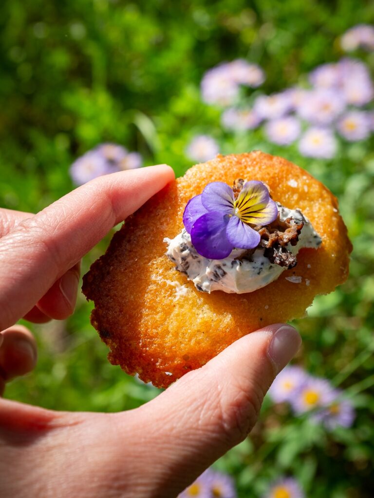 Morel madeleine with whipped fromage blanc