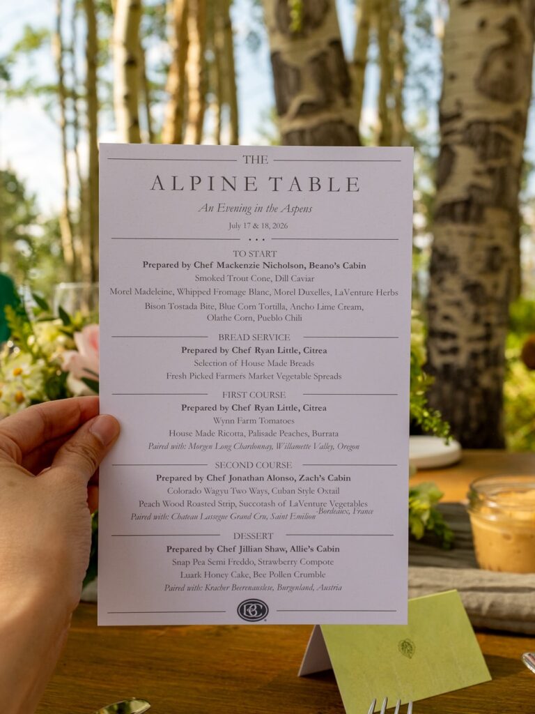 Menu at Alpine Table dinner