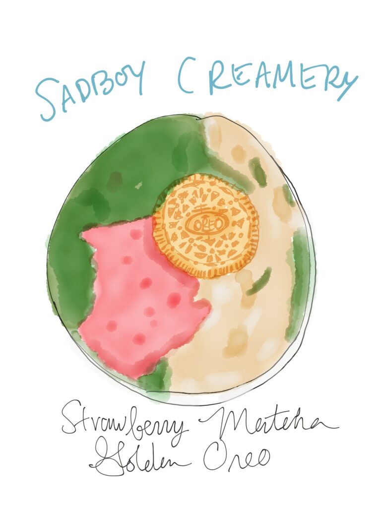 Hand drawing of Sadboy Creamery strawberry matcha golden Orea ice cream